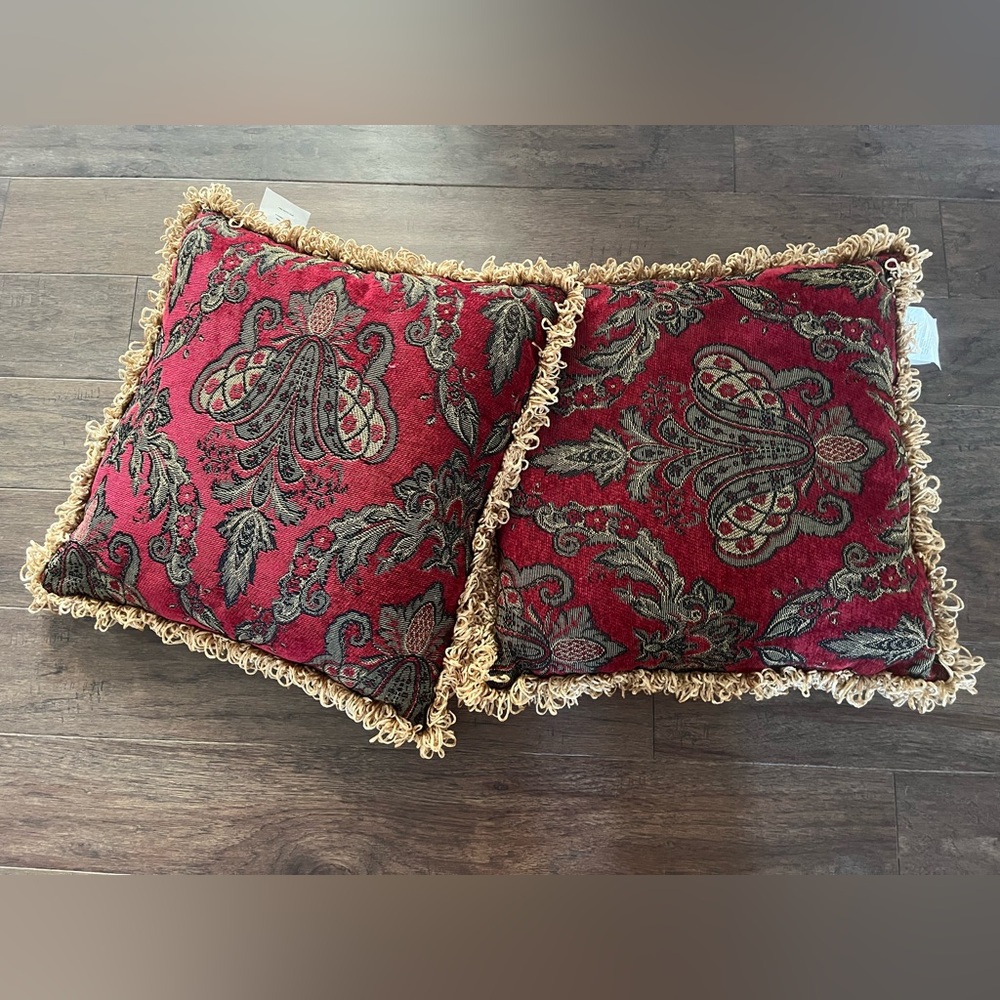 Set of TWO, Matching Luxurious Red, Sage, and Gold Accent Pillows